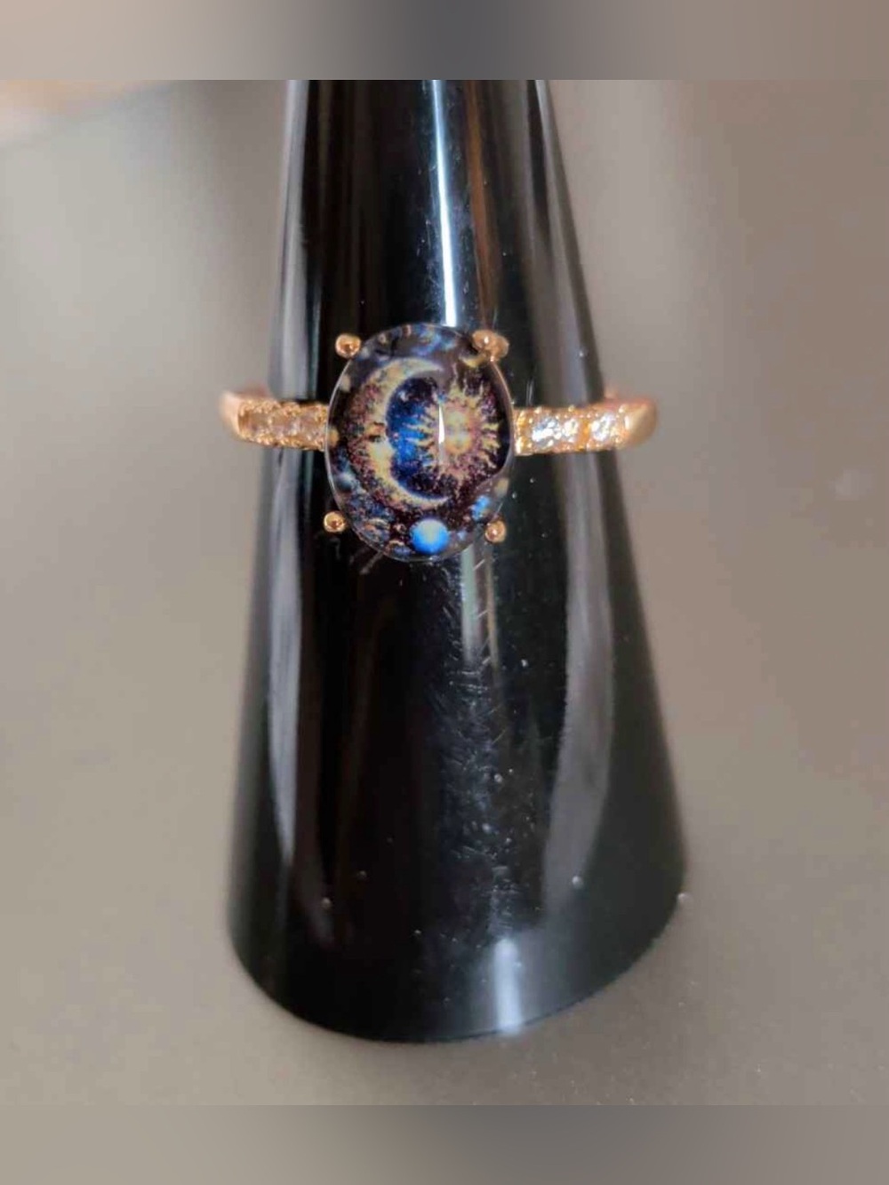 Gold-Tone Galaxy Oval Glass Ring in Blue and Black